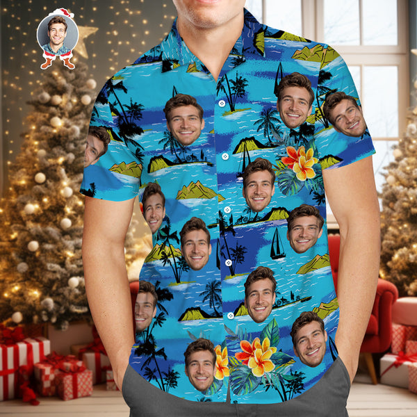 Hawaiian Shirt Personalised Face Men's All Over Print Leaves Short Sleeve  Bulk Buying